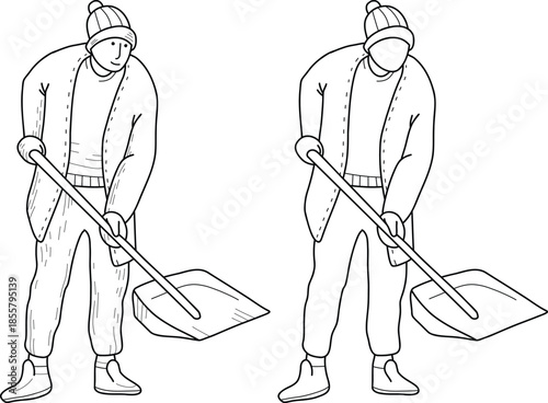 A set of vector linear illustrations of a person shoveling snow. A simple outline scene of winter cleaning for seasonal designs, snowfall, and snowdrifts.