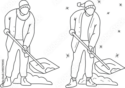 A set of vector linear illustrations of a person shoveling snow. A simple outline scene of winter cleaning for seasonal designs, snowfall, and snowdrifts.