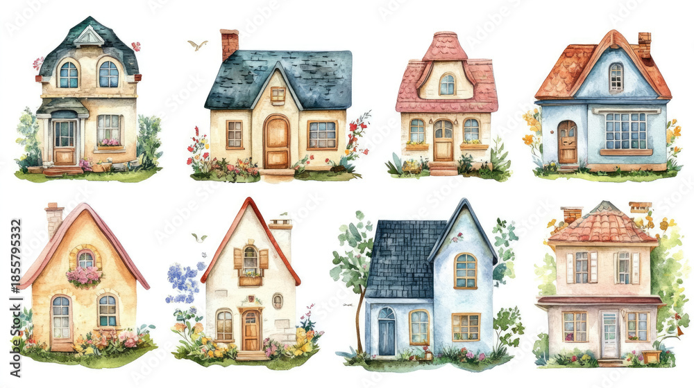 Fototapeta premium A Whimsical Watercolor Journey Through a Magical Village