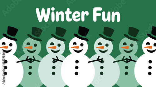 Fun group of snowmen in winter hats smiling together happily