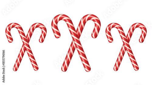 Vibrant red and white striped candy canes on white background