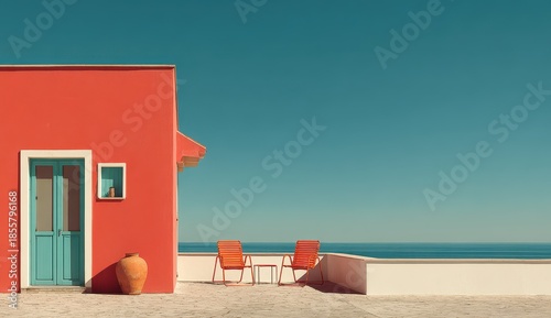 Vibrant Red House with Turquoise Door on a Minimalist Seaside Terrace Under a Clear Blue Sky.