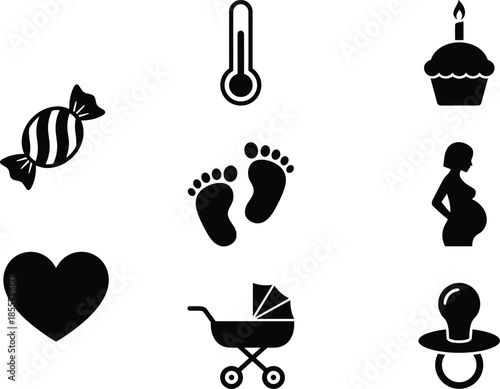 Baby and maternity icon set, newborn footprints pregnancy love symbols collection, parenting celebration elements, minimal black flat vector illustration