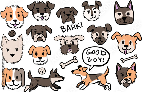Cute dog faces set, hand drawn collection of different puppy heads and running animals. Cartoon dog faces set with accessories and speech bubbles.