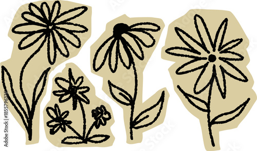 Simple flowers set, hand drawn black ink doodle of various daisy and small flowers in paper cut style. Cute flowers set with a beige paper texture background.