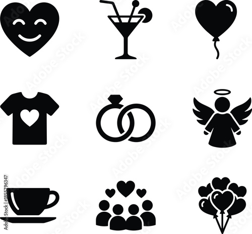Love and celebration icon set, heart romance wedding lifestyle symbols collection, minimal black flat vector illustration design