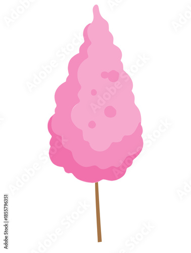 Pink cotton candy, sweet and fluffy sugar treat on a stick, isolated on white. Cartoon style pink cotton candy illustration with bright colors.