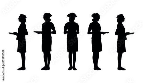 Nurse holding medical tray silhouette set. Healthcare professional vector collection