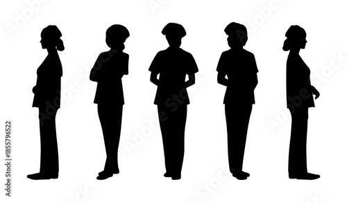 Nurse standing silhouette wearing hat. Medical professional pose vector illustration