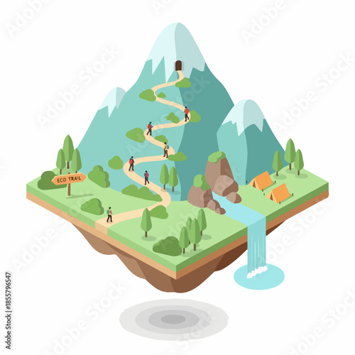 Isometric Detailed Mountain Landscape with Hiking Trail and Waterfall Illustration