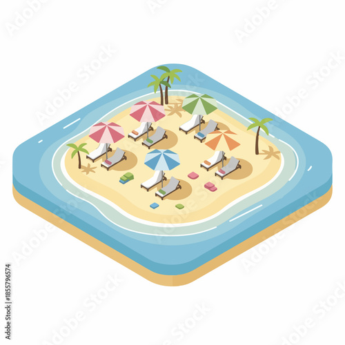Isometric Detailed Tropical Island Vacation with Parasols and Loungers Recreation