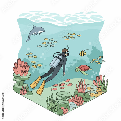 Artistic Handdrawn Scuba Diver and Marine Life in Underwater World Illustration