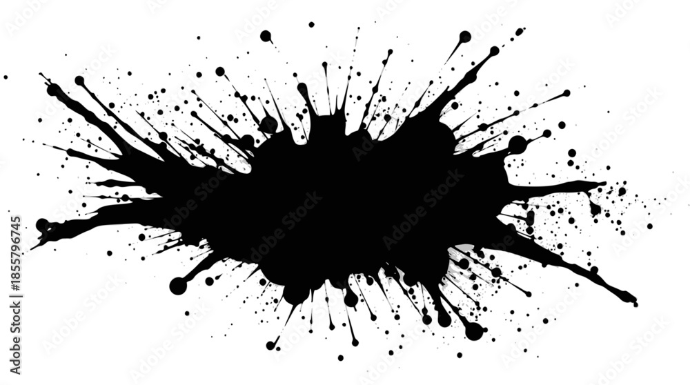 Obraz premium A dynamic black ink splatter with numerous small droplets radiating outwards on a clean white background, creating an abstract and energetic visual.