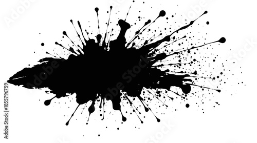 A dynamic black ink splatter with numerous droplets and streaks radiating outwards on a clean white background, creating an abstract and energetic visual effect.