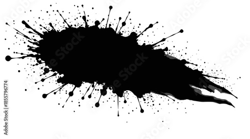 A dynamic black and white ink splatter explosion with a central white void and radiating dark streaks and dots.
