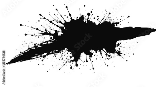 Dynamic black ink splatter with numerous small droplets radiating outwards on a clean white background, creating an abstract and energetic visual effect.