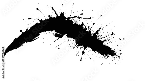 Dynamic black ink splash with a curved, elongated shape and numerous small splatters on a white background, creating an abstract and expressive design.