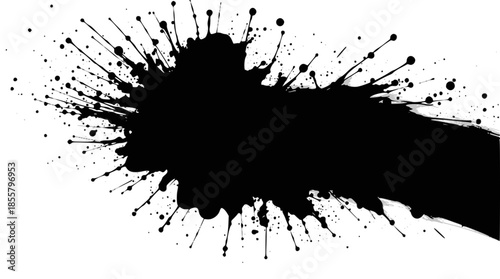 Dynamic black ink splash with radiating droplets and a long horizontal streak on a clean white background.