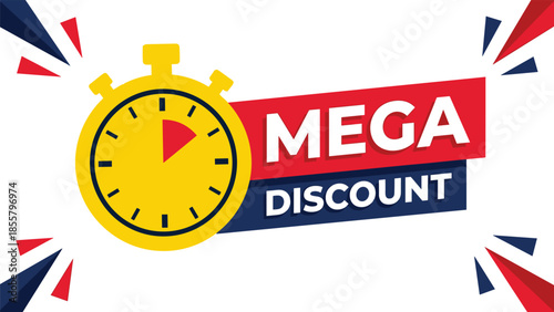 Mega discount banner, stopwatch countdown sale promotion, limited time special offer design, bold retail marketing flat vector illustration