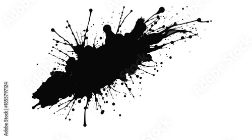 A dynamic black ink splatter with numerous droplets radiating outwards on a clean white background, creating an abstract and energetic visual.