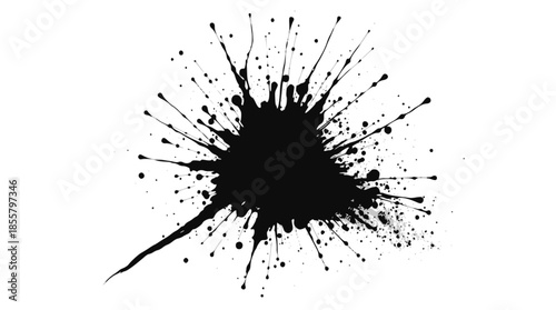 Dynamic black ink splatter with radiating droplets and streaks on a clean white background, creating an abstract and messy visual effect.