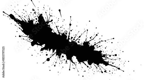 Black ink splatter with many small droplets radiating outwards on a clean white background, creating an abstract and dynamic visual effect.