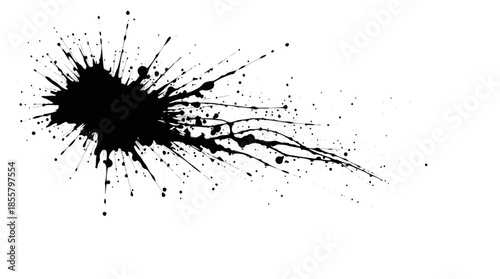A dynamic black ink splash with radiating droplets on a clean white background, creating an abstract and expressive visual effect.