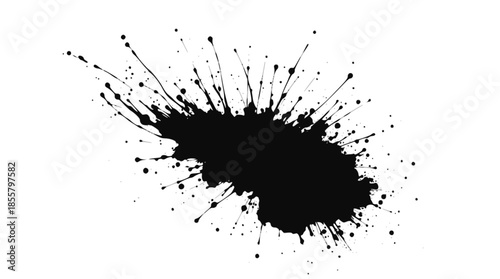 A black ink splatter with many small droplets radiating outwards on a white background, creating an abstract and dynamic visual effect.