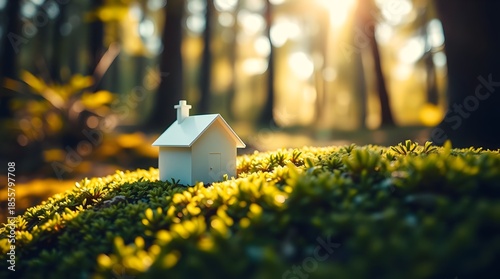 White miniature house model on vibrant green moss during golden hour, blurred woodland background.
