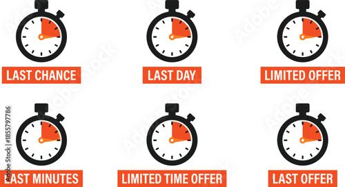 Limited time offer icon set, stopwatch countdown symbols, last chance sale labels, urgency promotion flat vector illustration design
