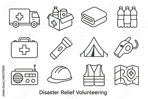 Helmet outline disaster protective vector emergency icons relief map supplies radio icon