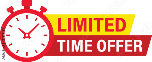 Limited time offer banner with red stopwatch clock icon design for flash sale marketing promotion urgency concept