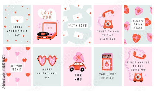 Valentine`s Day card set with hand draw lettering and cute elements. Cards, posters, brochures. Ideal for Valentine`s Day, wedding and birthday. Vector