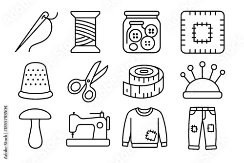 Icon needle jar sustainable scissors thread sewing machine fashion button patch vector
