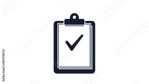 A black clipboard with a checkmark on a white sheet against a plain white background viewed from directly above
