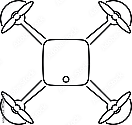 Simple line art illustration of a modern quadcopter drone, depicting unmanned aerial vehicle technology and remote-controlled flight for various applications