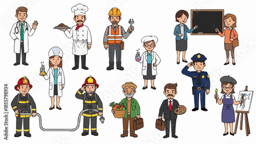 Diverse group of professionals in cartoon style illustration.