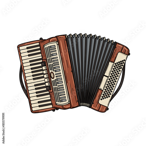 Vintage accordion illustration with detailed keys and bellows on a white background