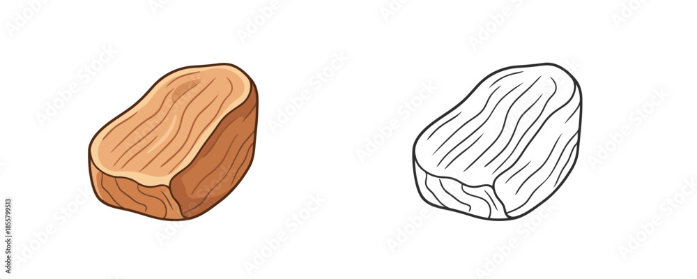 Fototapeta premium Brown sandalwood block and black outline sketch isolated on white background depicting aromatic wood material for perfume industry or spa aromatherapy in cartoon style