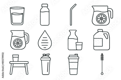 Straw vector hydration morning collection carafe icon water glass jug insulated