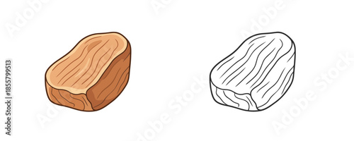 Brown sandalwood block and black outline sketch isolated on white background depicting aromatic wood material for perfume industry or spa aromatherapy in cartoon style