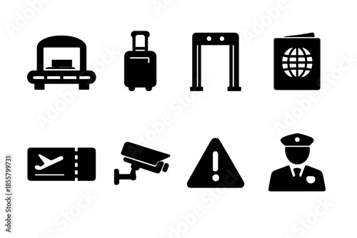 Airport security and travel symbols including baggage check, passport, and boarding pass