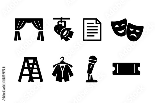 Stage performance and drama symbols: masks, spotlight, script, costume, microphone, and ticket