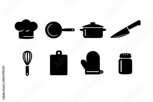 Essential cooking equipment and kitchen utensils icons in solid black silhouette