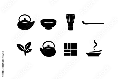 Traditional Japanese tea ceremony elements including teapot, bowl, whisk, scoop, and tea leaves silhouettes