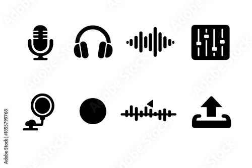 Audio and sound production icons set featuring microphone, headphones, and equalizer controls