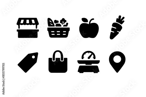 Simple black glyphs for grocery shopping, fresh produce, market stalls, and retail commerce