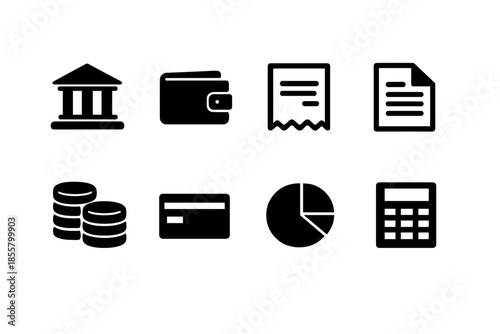 Essential financial and banking icons showing money, documents, credit card, and calculator