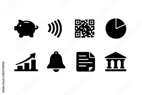 Financial technology and data symbols including savings, wireless payment, QR code, and business growth