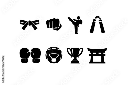 Set of black and white symbols for martial arts and combat sports equipment
